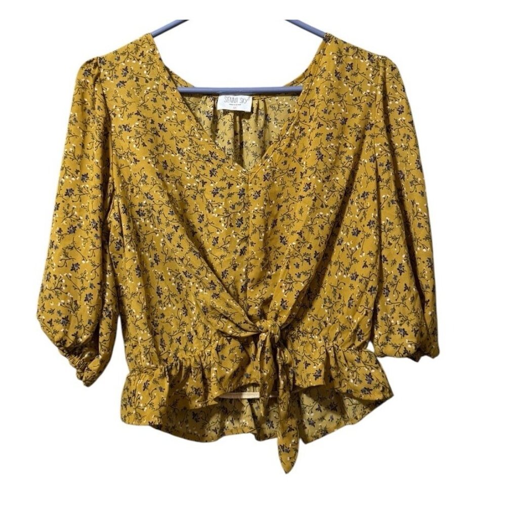 Sienna‎ Sky Women Blouse Size Medium Floral Runched Tie Peasant Cottagecore Boho